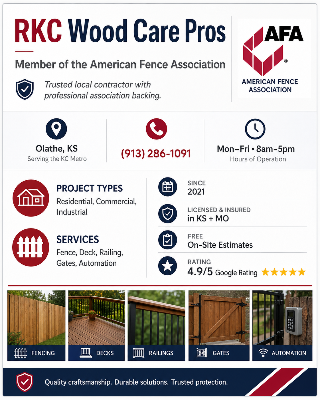 RKC Wood Care Pros — verified American Fence Association member, Olathe KS, serving the Kansas City metro since 2021