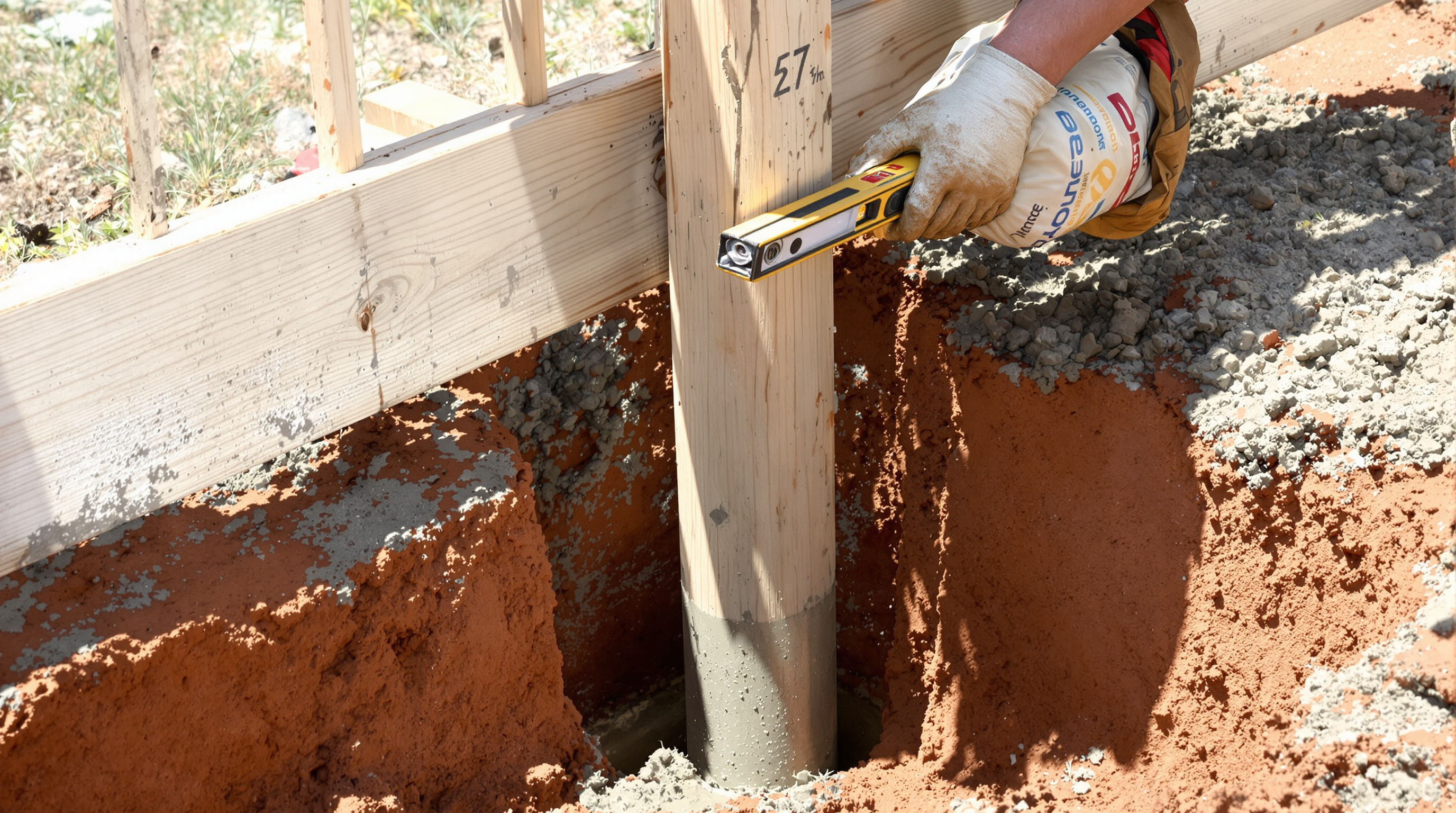 Fence post set plumb in a concrete footing well below grade in Kansas City clay soil