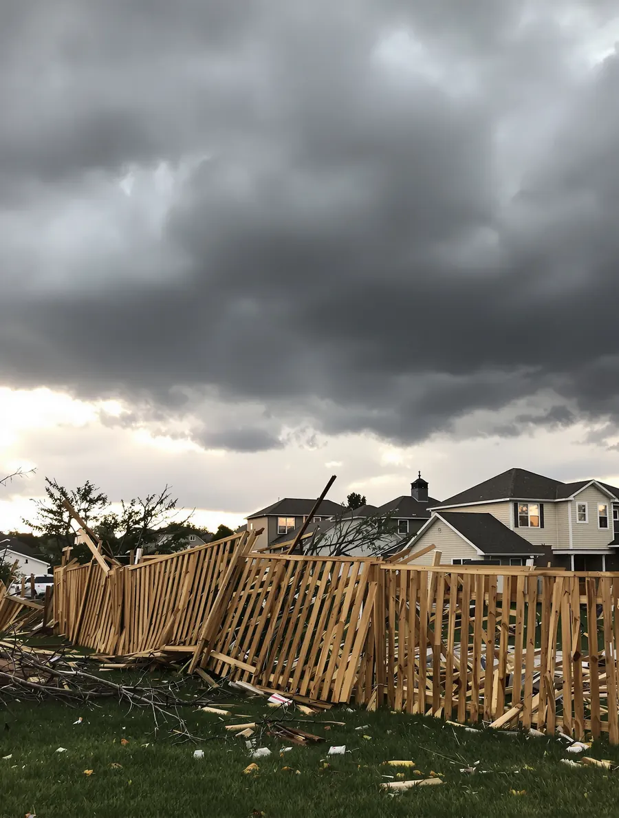 Wind-damaged privacy fence panel snapped at the post base after a Kansas City storm — RKC Wood Care Pros
