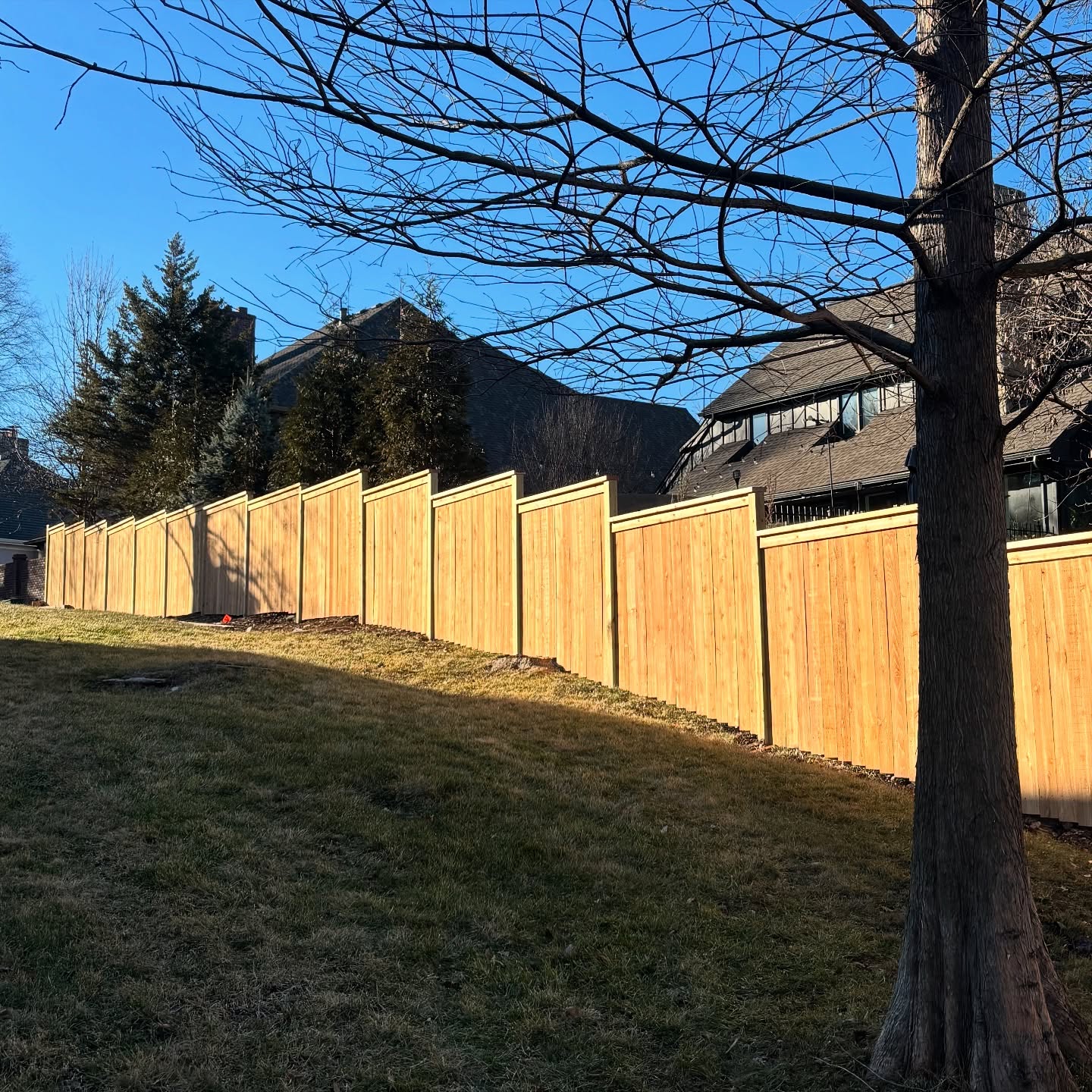 Cedar board-on-board privacy fence installed along a Kansas City suburban property line at golden hour — RKC Wood Care Pros