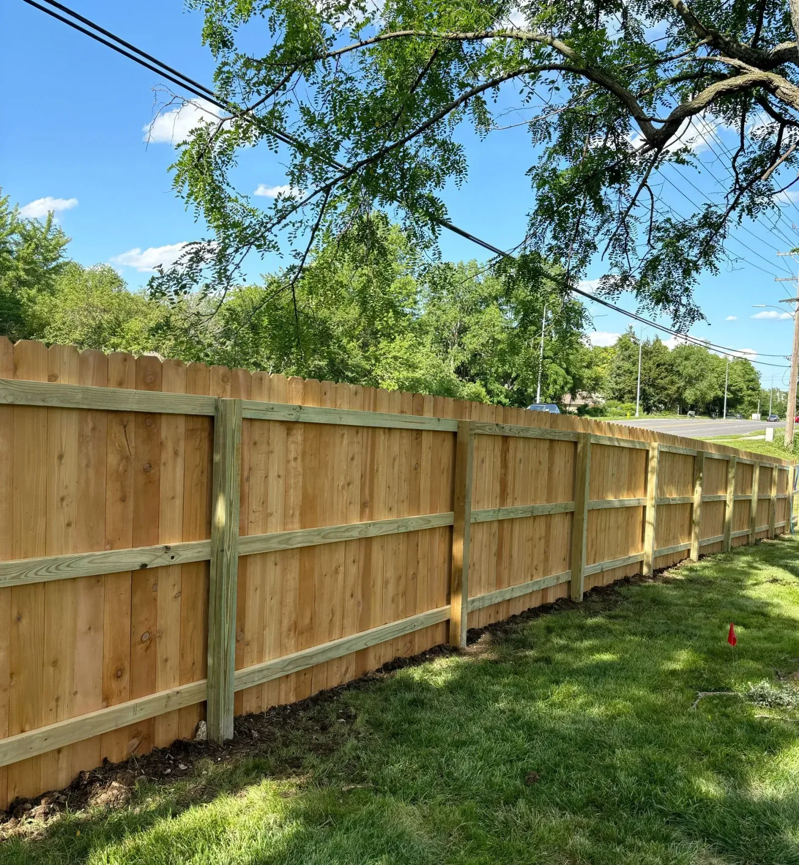 Long run of cedar privacy fence along a road-facing lot line in Leawood, KS — summer, full boards