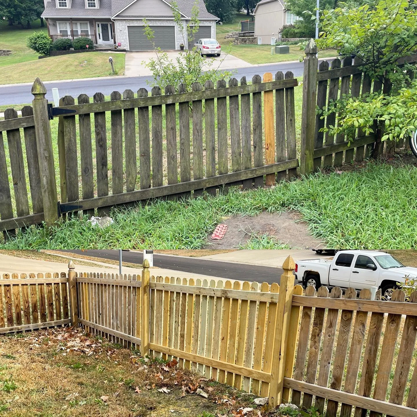 Before-and-after wood picket fence staining in Shawnee, KS — weathered gray above, fresh tan stain below