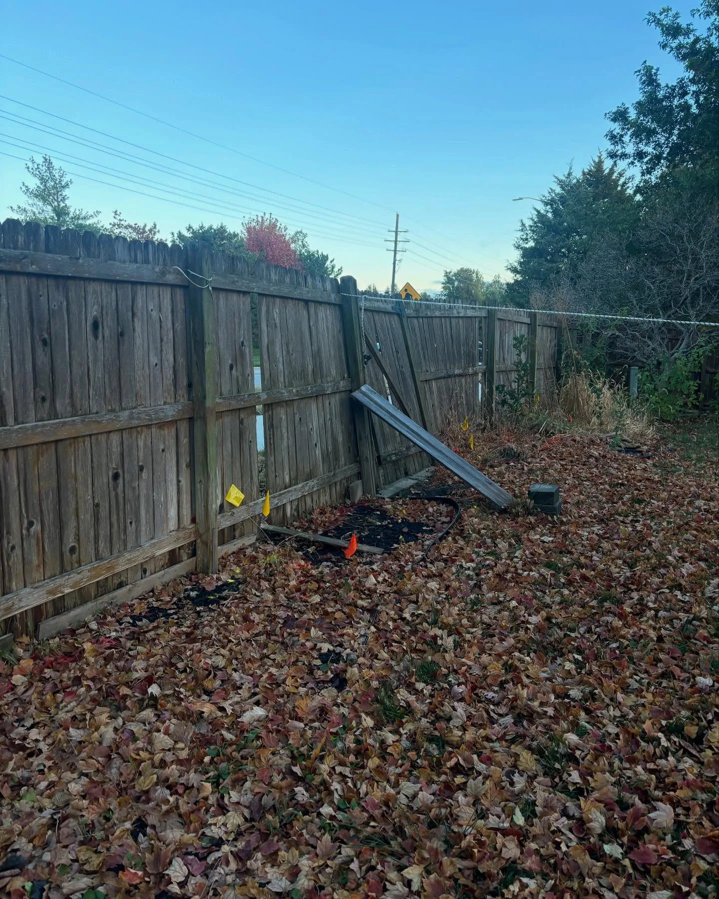 Fallen cedar fence section in Lee's Summit, MO — leaves covering ground, post pulled out of ground by wind