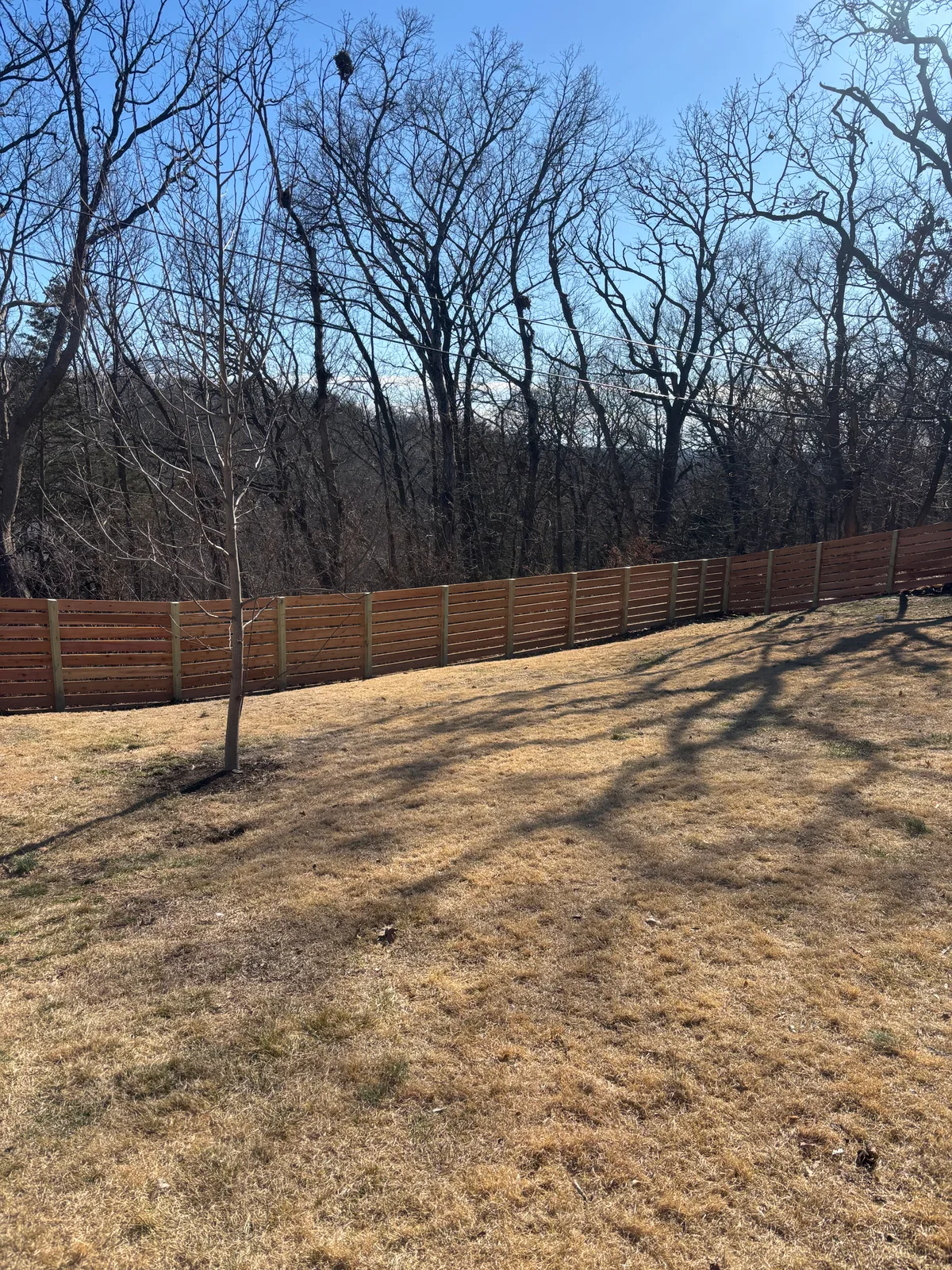 Horizontal cedar fence line in Prairie Village, KS — clear blue sky, close board detail