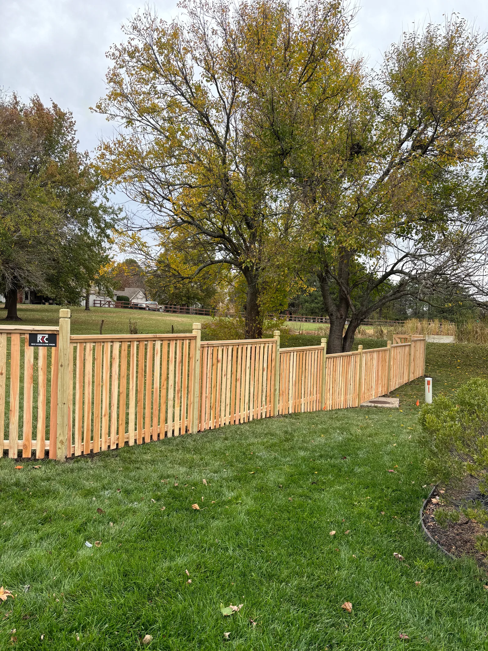 Cedar privacy fence installed on a Stilwell, KS residential lot — natural boards, cloudy autumn day